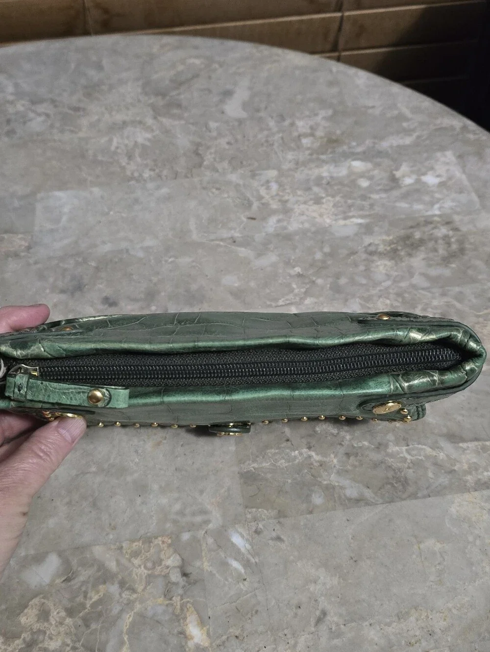 Cole Haan Green Crocodile Embossed Leather Large Wristlet/Mini Bag